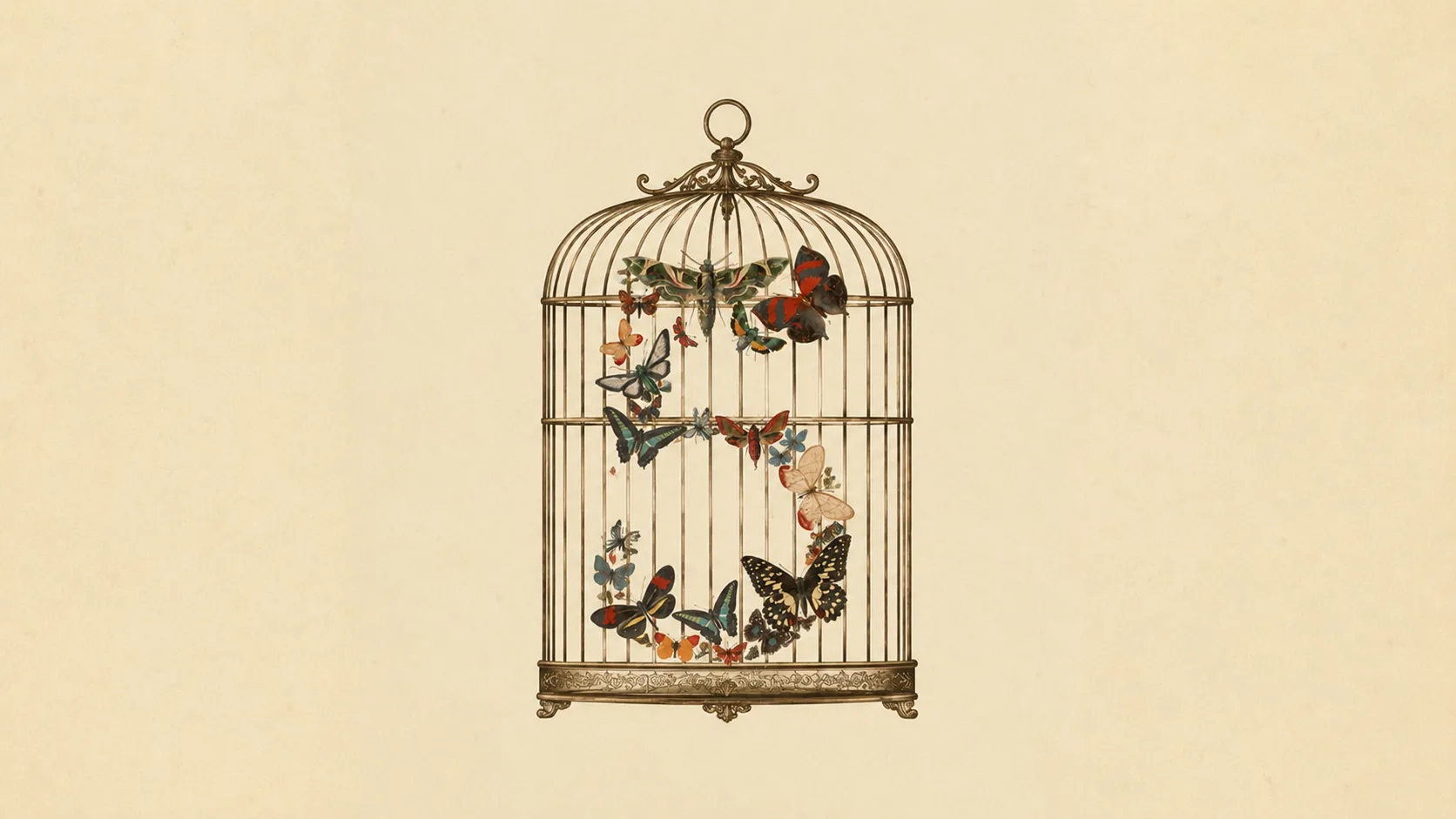 Claude Fable 5 launch art: butterflies forming the number five inside a vintage birdcage